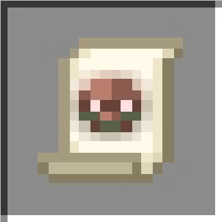 Pixelated scroll icon with a red symbol.