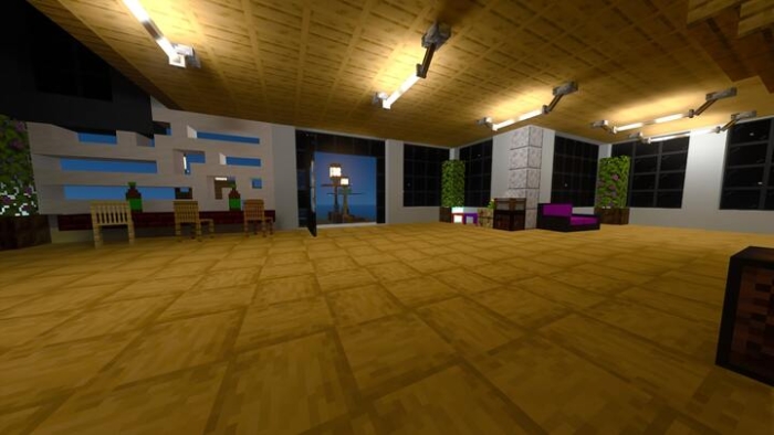 Spacious room with modern furniture.
