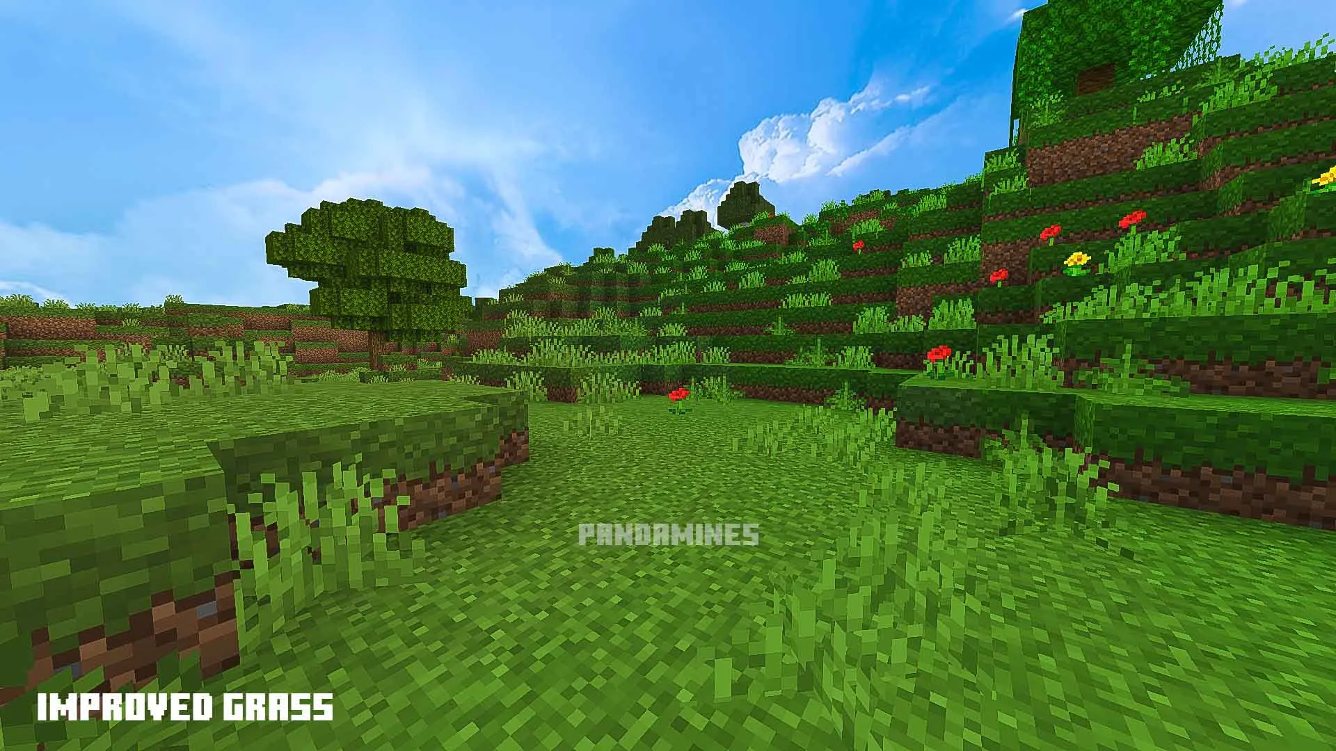 Enhanced grassy landscape with flowers.