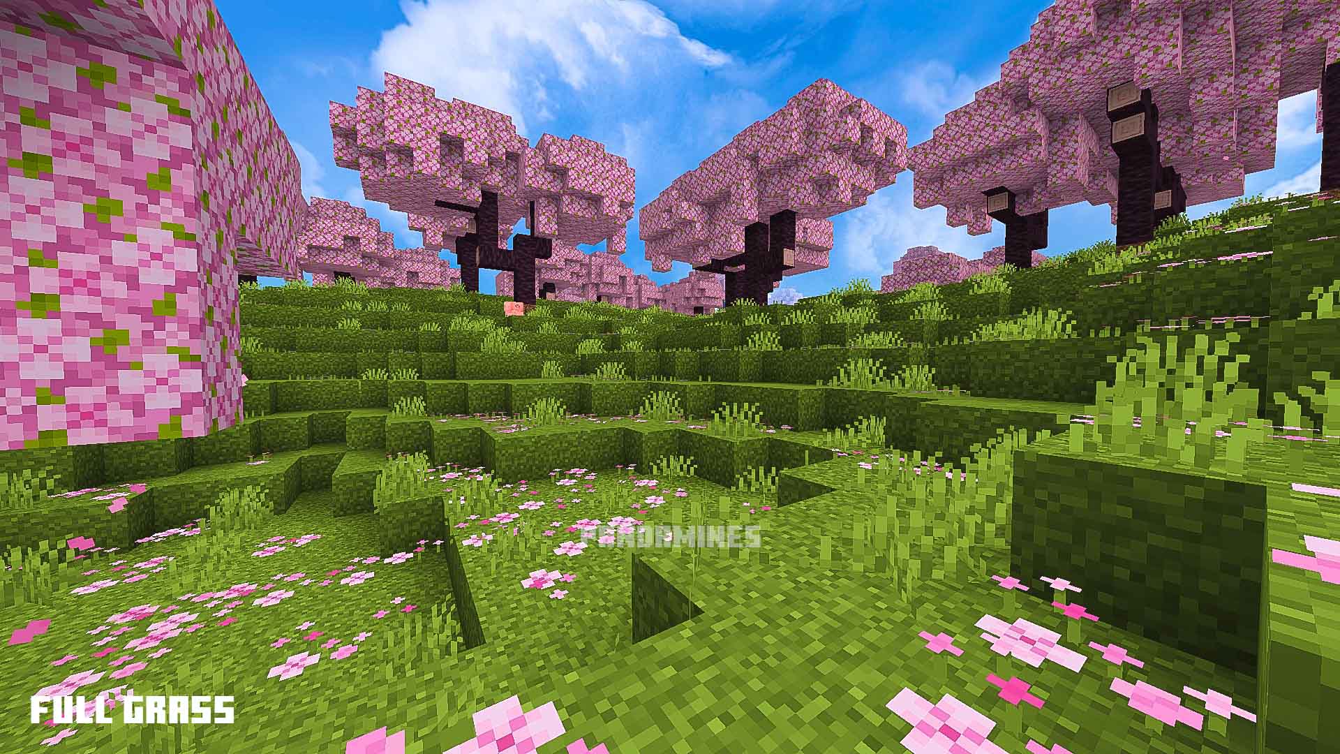 Pixelated pink trees and lush green grass.