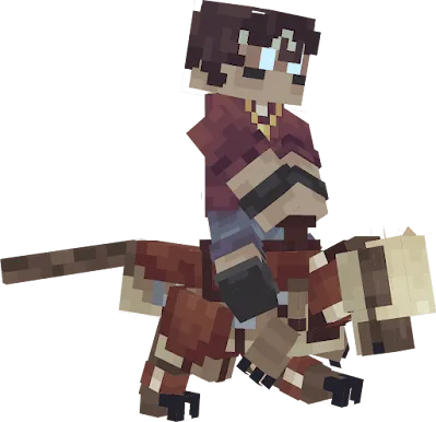 Blocky character riding a small dinosaur