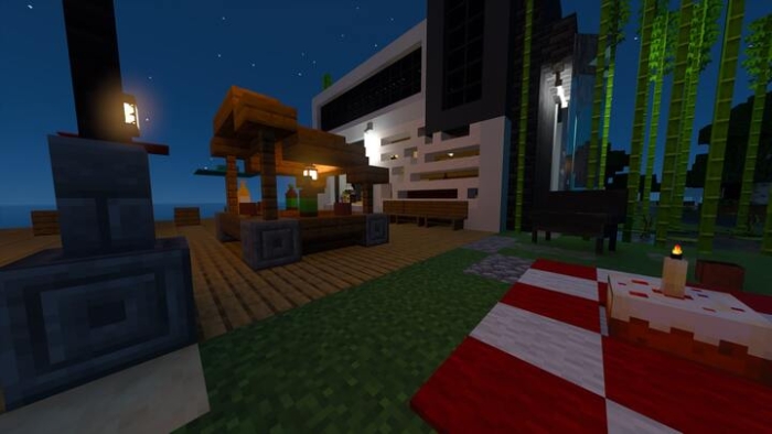 Nighttime outdoor furniture setup.
