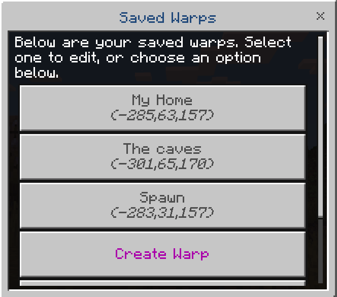 Saved warps menu with location options.