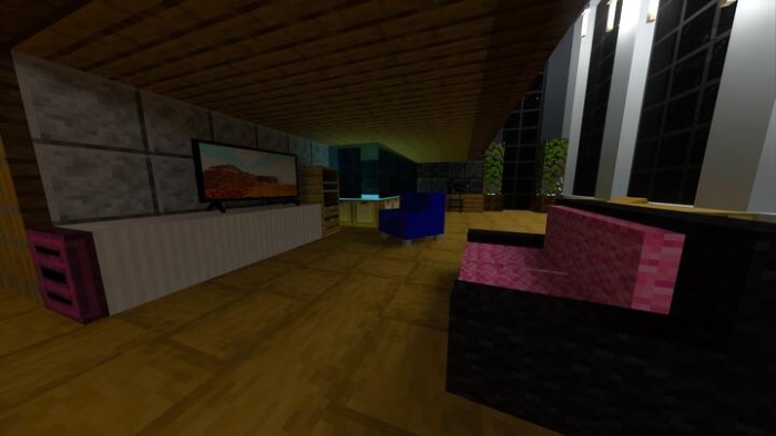 Modern room with vibrant furniture.