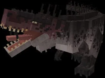 Blocky dinosaur with open jaws, dark colors