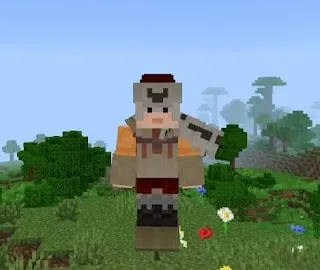 Blocky character in dinosaur hunter attire