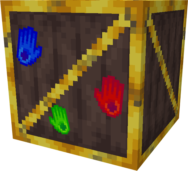 Crate with colorful handprints.