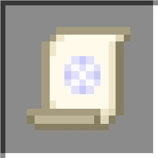 Pixel art scroll with blue symbol.