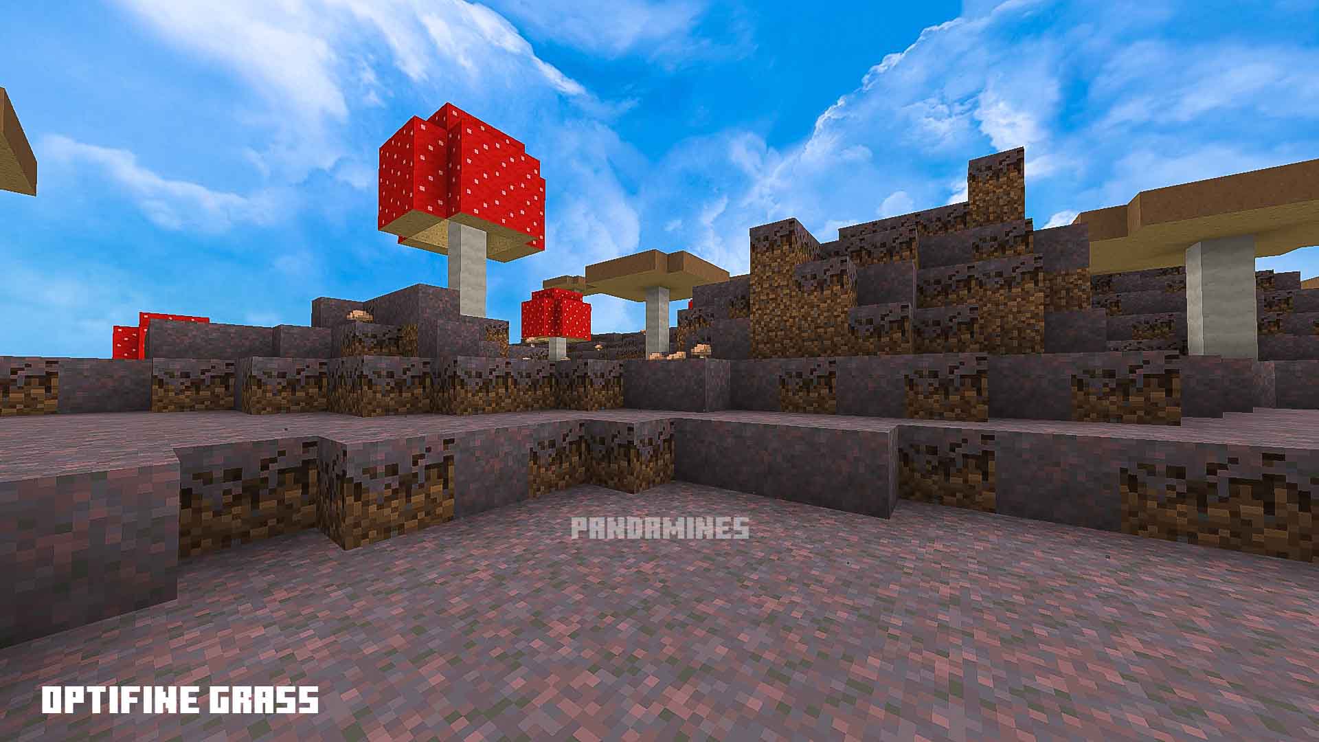 Blocky landscape with giant mushrooms.