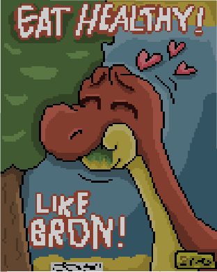 Cartoon dinosaur eating broccoli.