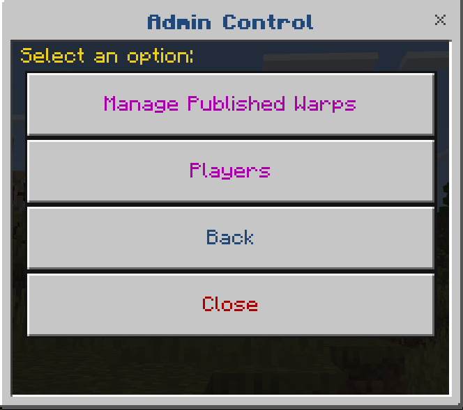 Admin Control menu with warp options.