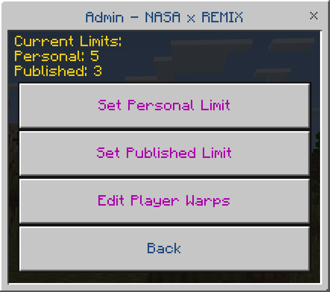 Admin warp settings menu interface.