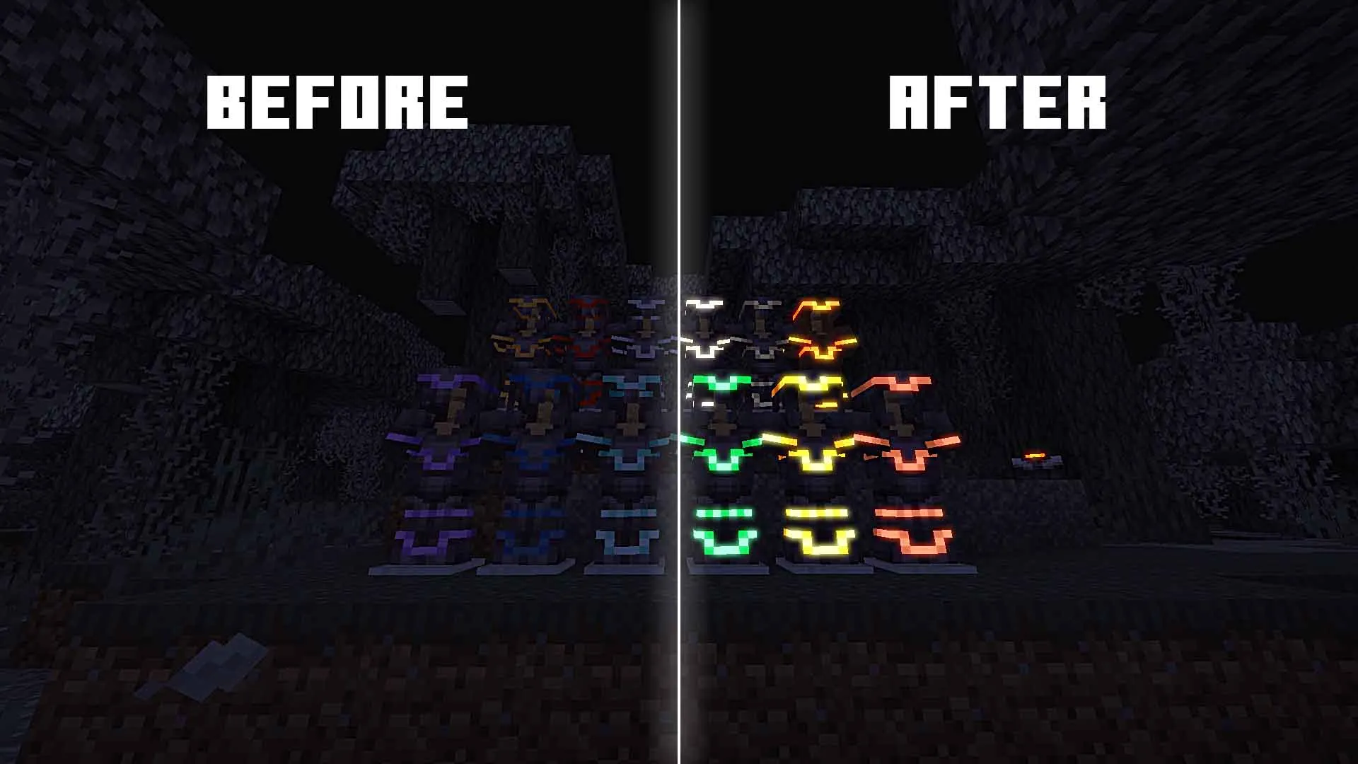 Armor trims glowing in darkness.