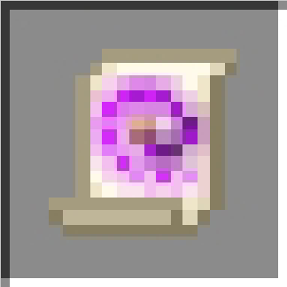 Pixelated scroll with purple design.