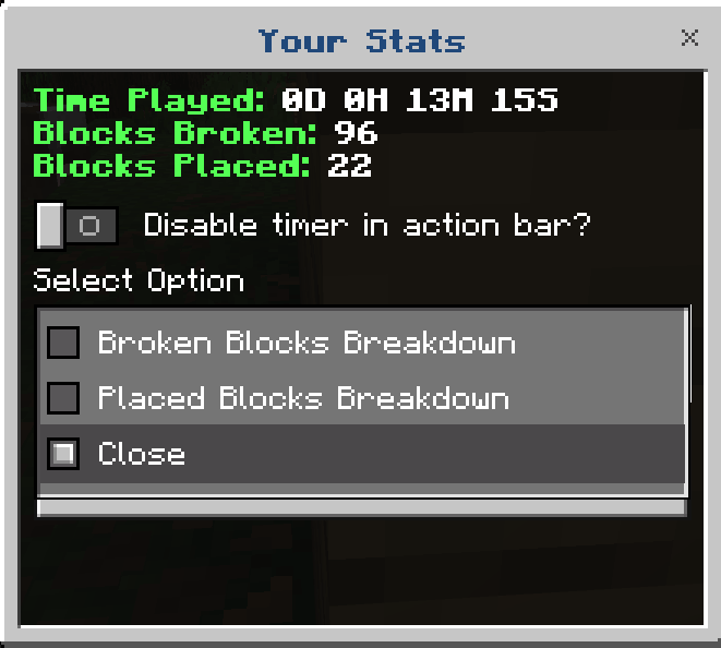 Stats screen time played, blocks data.