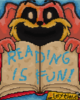 Poppy character holding Reading is Fun book.