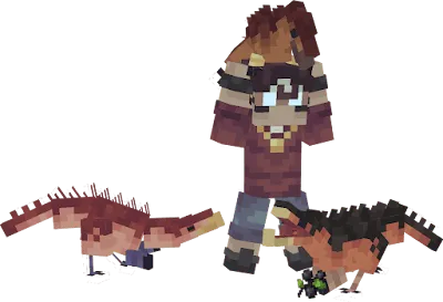 Blocky character with two small dinosaurs