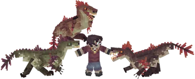 Player surrounded by three pixelated dinosaurs