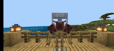 Armor stand on wooden deck with lanterns