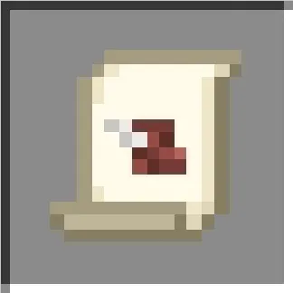 Pixelated scroll with a red symbol.