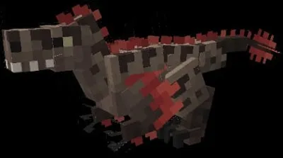 Blocky dinosaur with red and brown patterns