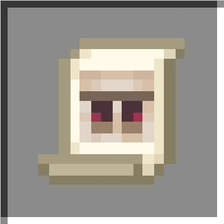 Pixelated scroll icon with red eyes.