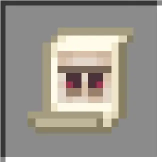 Pixelated scroll icon with red eyes.