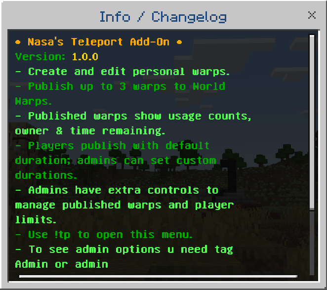 Changelog for Nasas Teleport Add-On.
