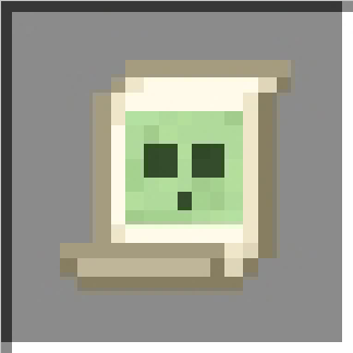 Pixelated scroll with green symbol.