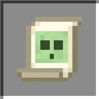 Pixelated scroll with green symbol.