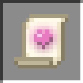 Pixel art magic scroll with pink heart.