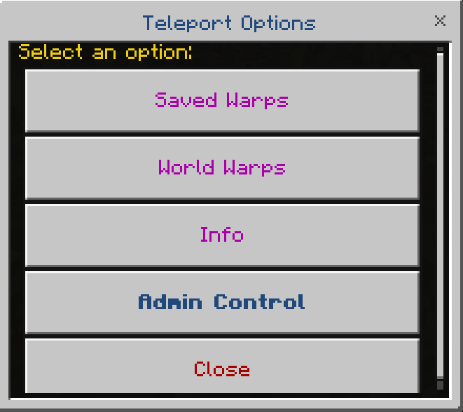 Teleport options menu with warp choices.