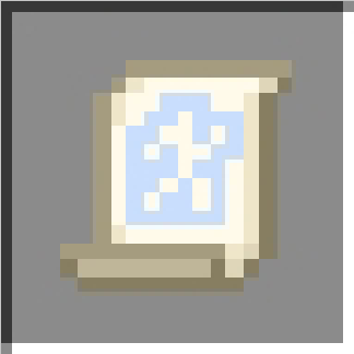 Pixelated scroll with blue symbol.