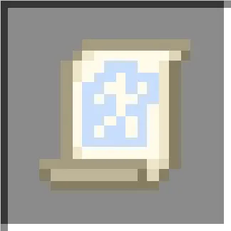 Pixelated scroll with blue symbol.