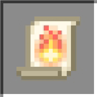 Pixelated scroll with fire icon.