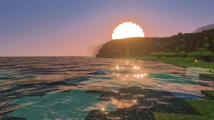 Pixelated sunset over textured water.