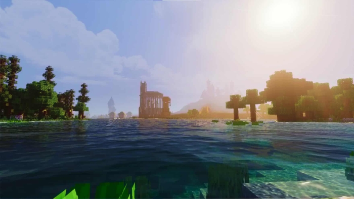 Sunlit lake with enhanced textures.
