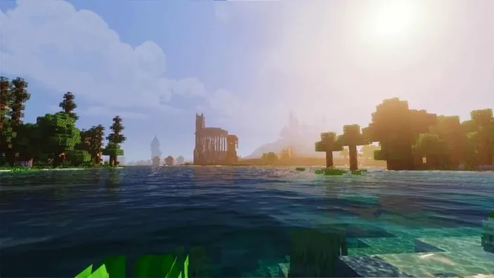 Sunlit lake with enhanced textures.