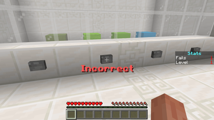 A screenshot of the message “Incorrect” after a wrong guess. The “Fails” counter in the “Stats” scoreboard shows “1”.