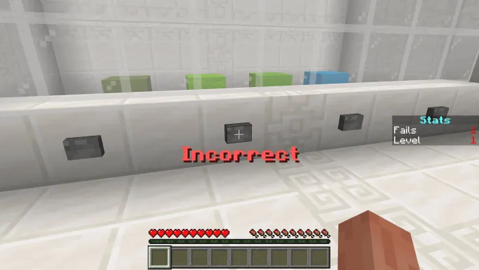 A screenshot of the message “Incorrect” after a wrong guess. The “Fails” counter in the “Stats” scoreboard shows “1”.