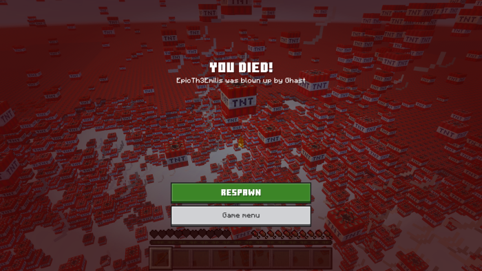 Screenshot of the death screen after the player failed to deflect the ghast’s fireball. In the background, a massive explosion caused by TNT blocks is visible.
