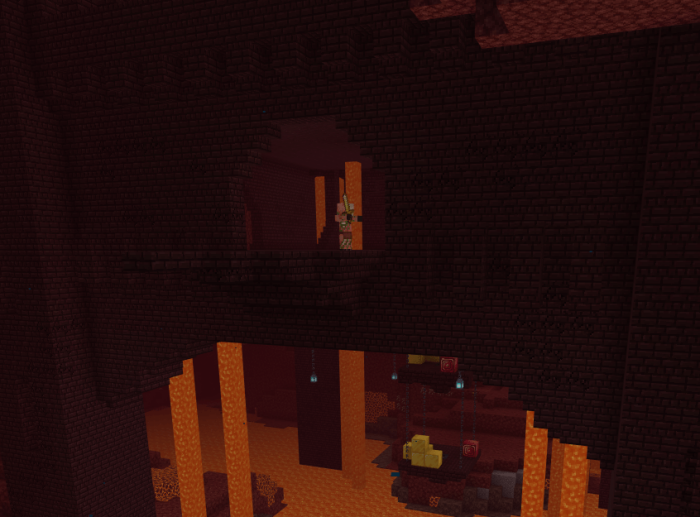 Nether fortress with lava and structures.