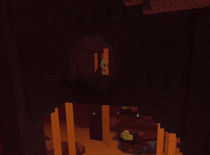 Nether fortress with lava and structures.