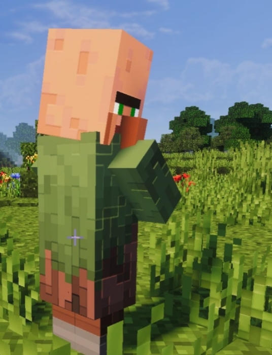 Pixelated character in grassy field.