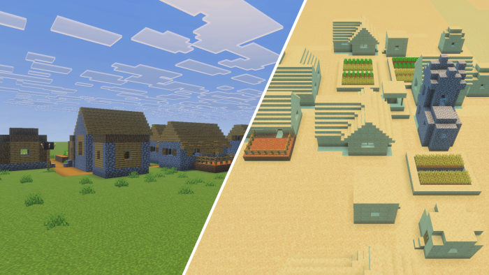 In-game screenshot showcasing an instant old plains village and an instant old desert village.