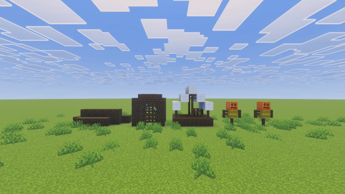 Screenshot showcasing pillager outpost features (logs, cage, tent, and targets).