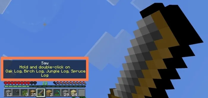Player holding saw with log instructions shown