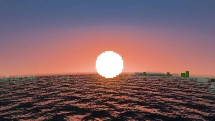 Pixelated sunset over textured water.