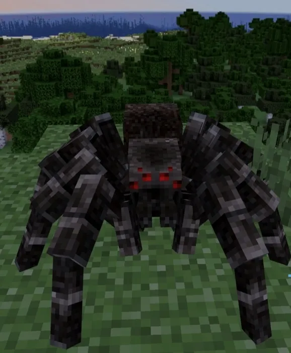 Pixelated spider with red eyes.