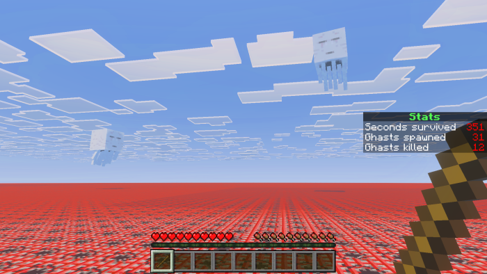 Screenshot of the “Stats” scoreboard that counts how many seconds the player is alive for, how many ghasts spawn, and how many the player kills.